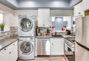 In-unit laundry with high-efficiency washer and dryer for guest use