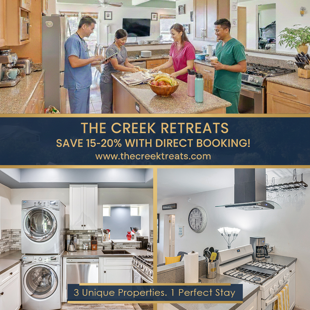A group of medical professionals and travel nurses enjoying a meal in a modern, fully furnished kitchen at The Creek Retreats, providing premium travel nurse housing Camarillo.