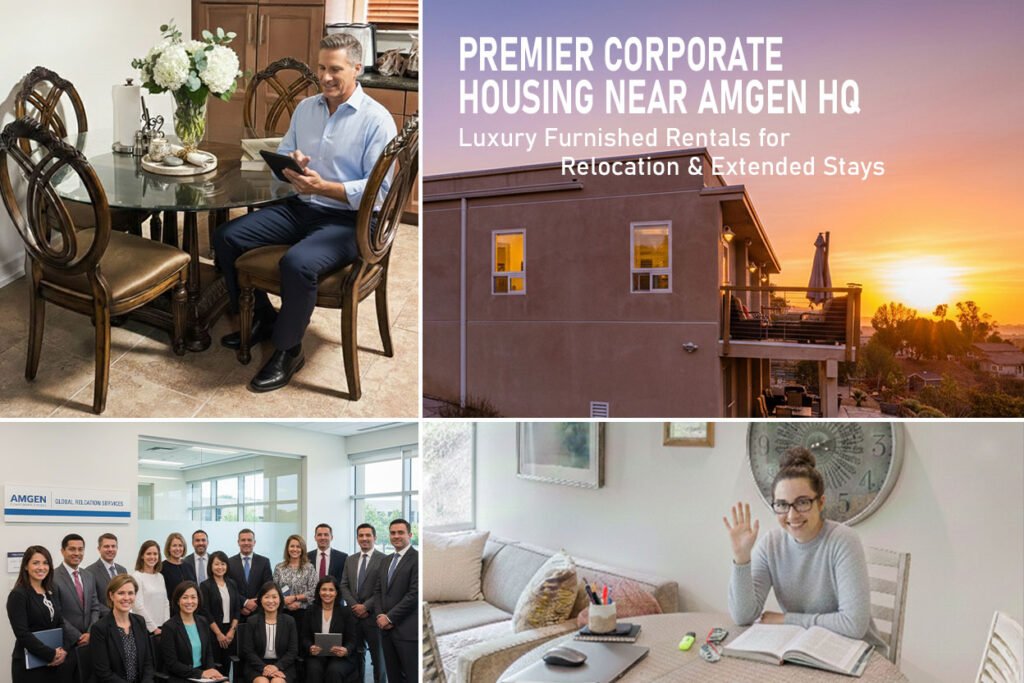 A four-panel collage showcasing premier corporate housing near Amgen HQ, featuring professional interiors, a sunset view of a rental property, and the corporate relocation team.