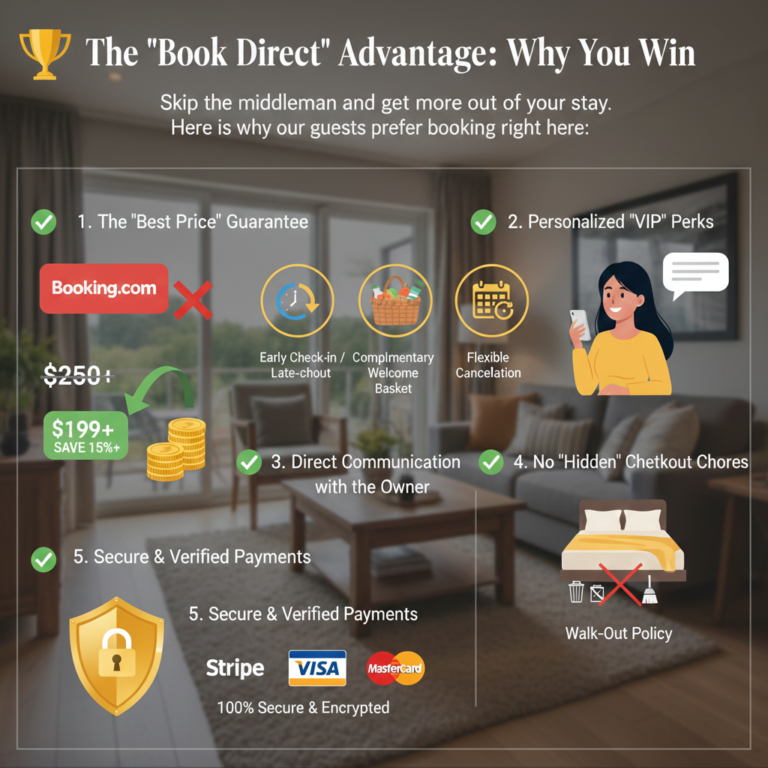 Infographic showing the 5 benefits of booking direct vs Airbnb, including best price guarantee, VIP perks, and no checkout chores.
