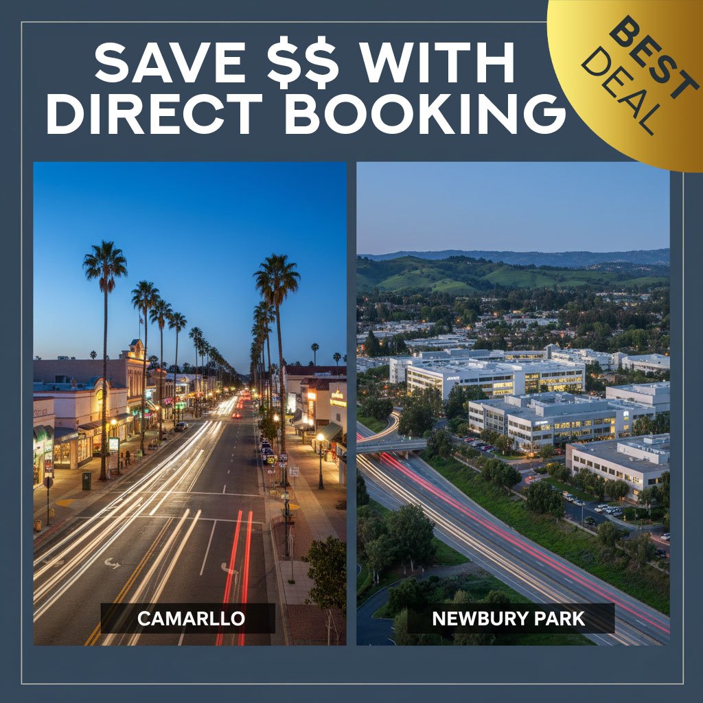 Aerial view of Camarillo and Newbury Park business hubs featuring a call to action to book direct and save on corporate housing.