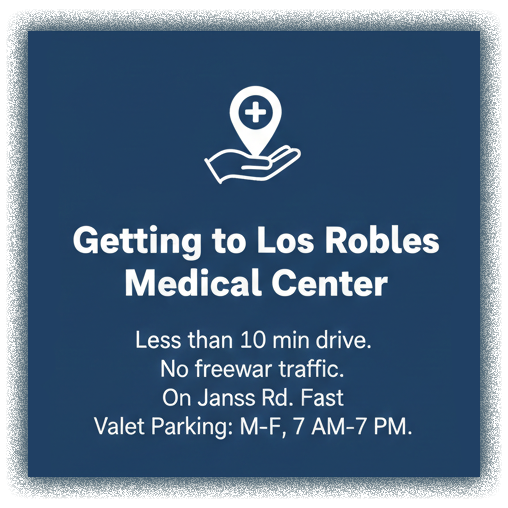 Informational banner showing travel time and parking details for Los Robles Regional Medical Center from The Creek Retreats.