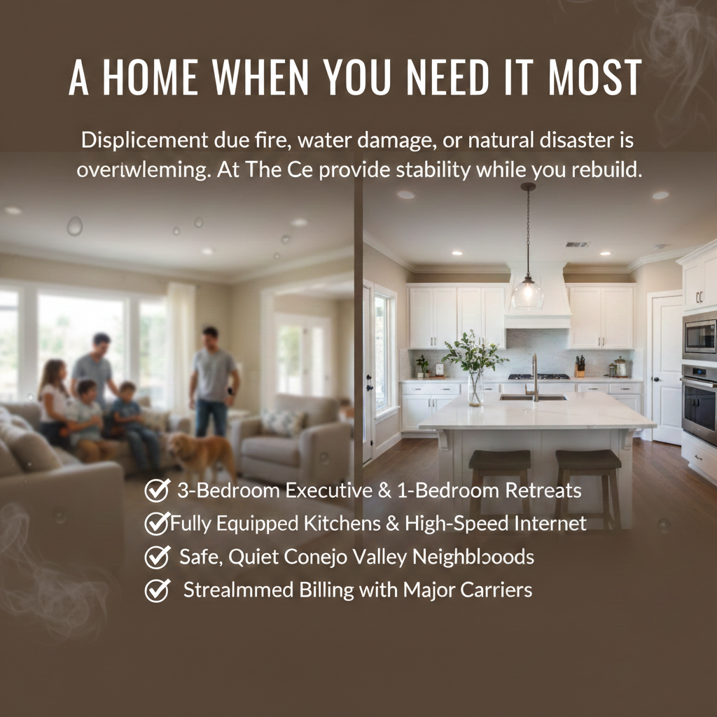 Professional insurance housing banner for The Creek Retreats in Newbury Park, providing stable homes for families displaced by fire, water damage, or natural disasters.