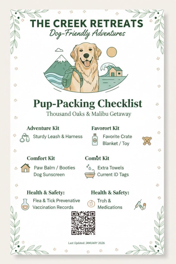 Comprehensive pup-packing checklist for a dog-friendly Thousand Oaks and Malibu getaway featuring adventure and comfort essentials.