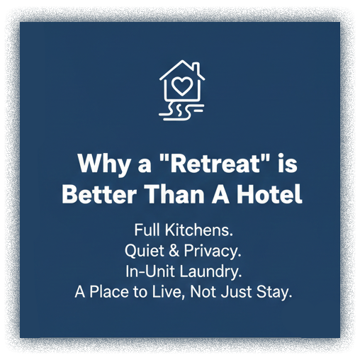 Comparison banner highlighting the benefits of a full kitchen and private laundry at The Creek Retreats versus a hotel stay.