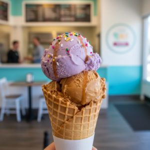 A double-scoop ice cream cone with lavender and salted caramel scoops, caramel drizzle, and sprinkles inside a modern Newbury Park creamery.