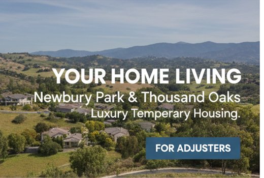 Scenic aerial view of the hills in Newbury Park and Thousand Oaks, California, featuring luxury temporary housing for adjusters.