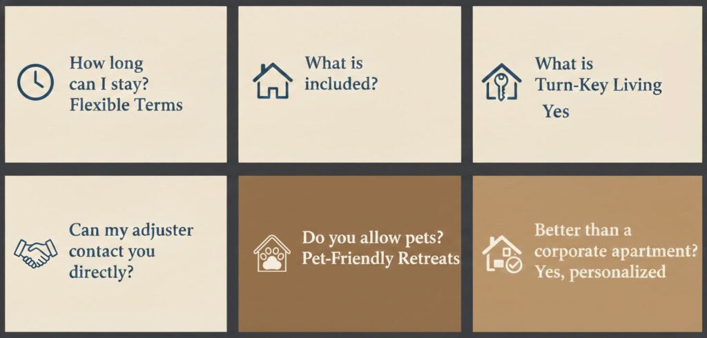 A grid of six FAQ banners for temporary housing in Newbury Park, covering topics like pet-friendly stays, flexible terms, and insurance adjuster coordination.