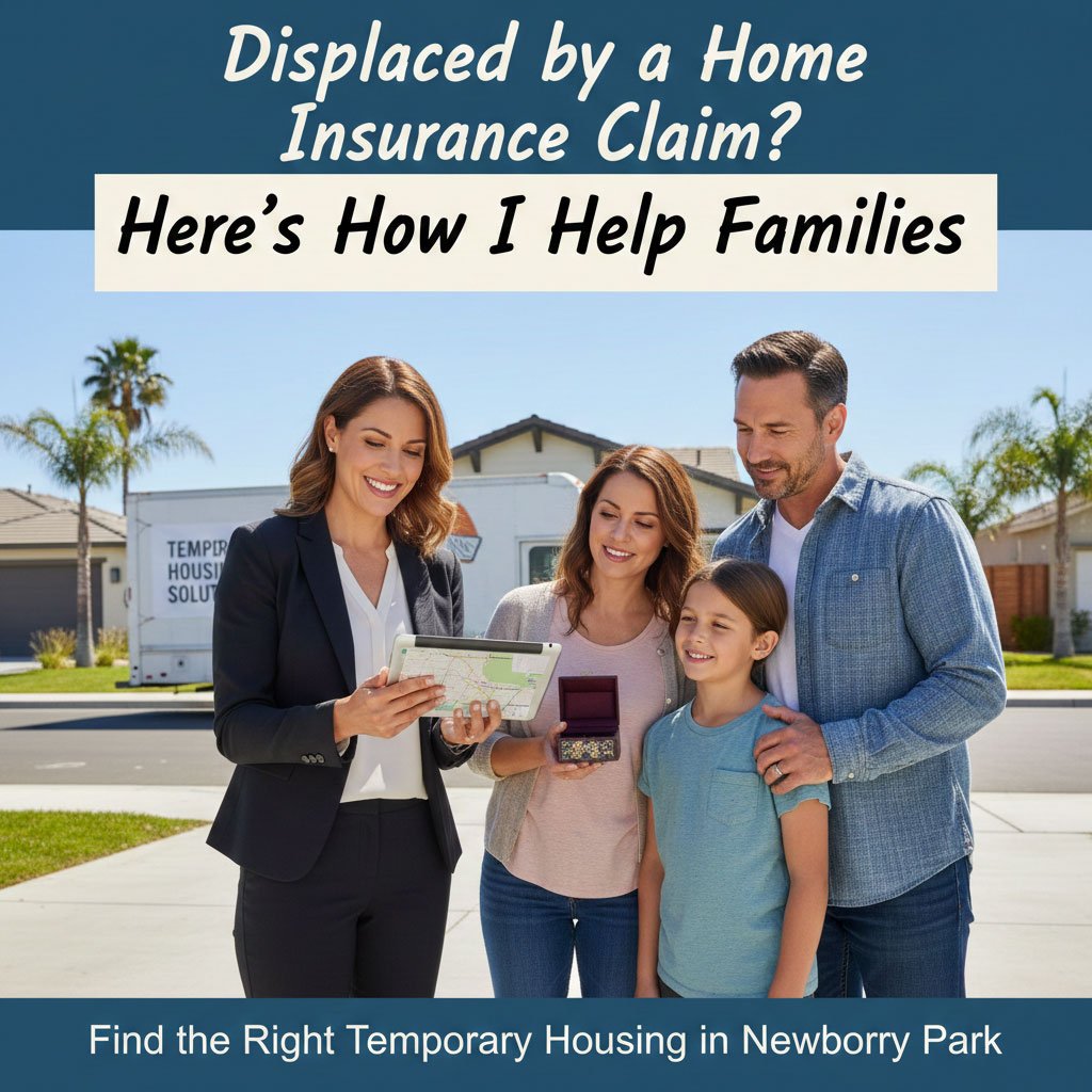 A professional housing specialist showing a family temporary relocation options in Newbury Park, California after a home insurance claim.