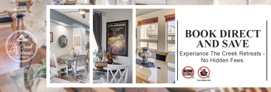 Interior views of The Creek Retreats boutique vacation rental in Newbury Park featuring direct booking icons for no extra fees and no hidden fees.